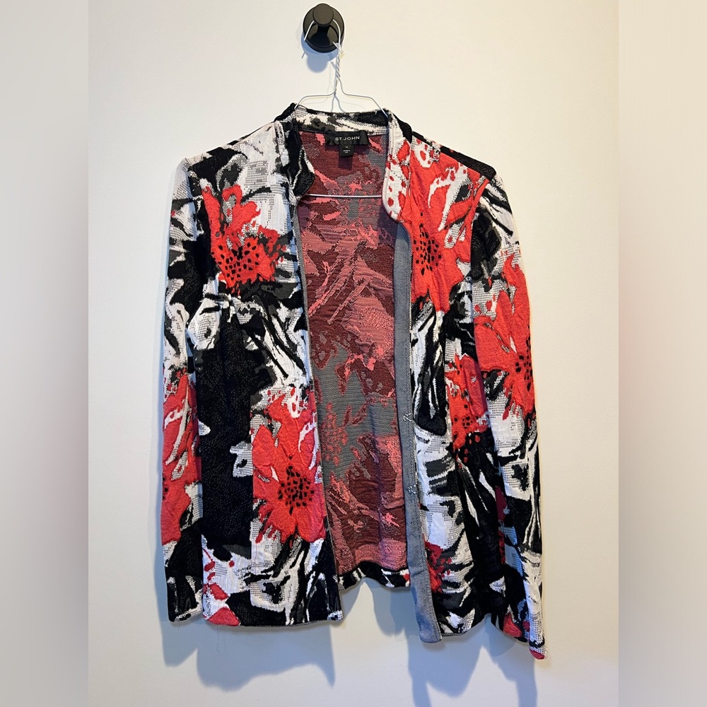 St. John Open Front Floral Knit Blazer in Red, Black & White